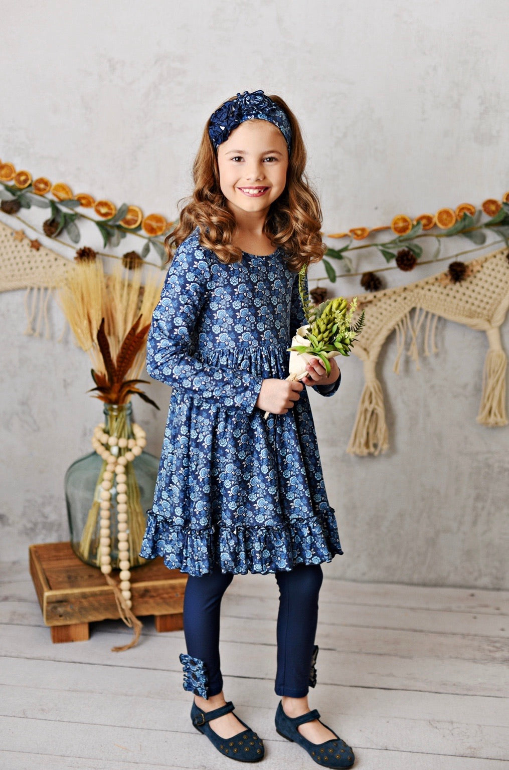 Midnight Bloom Butter Knit Dress with Legging and Headband  - Doodlebug's Children's Boutique