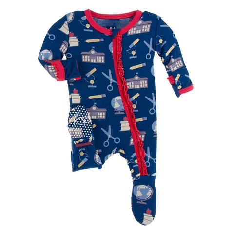 Print Muffin Ruffle Footie with Zipper in Navy Education  - Doodlebug's Children's Boutique
