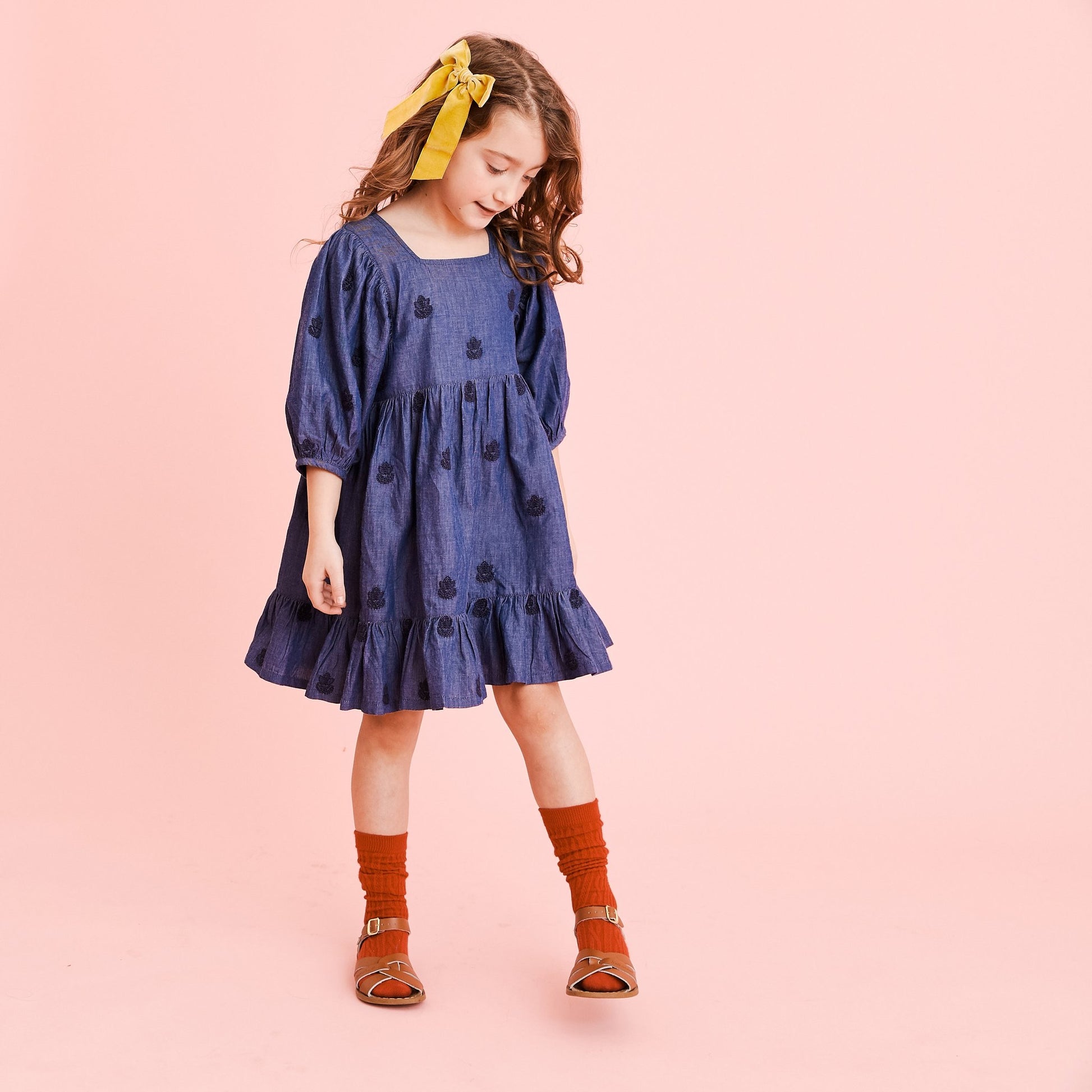 Leena Dress in Chambray with Embroidery  - Doodlebug's Children's Boutique