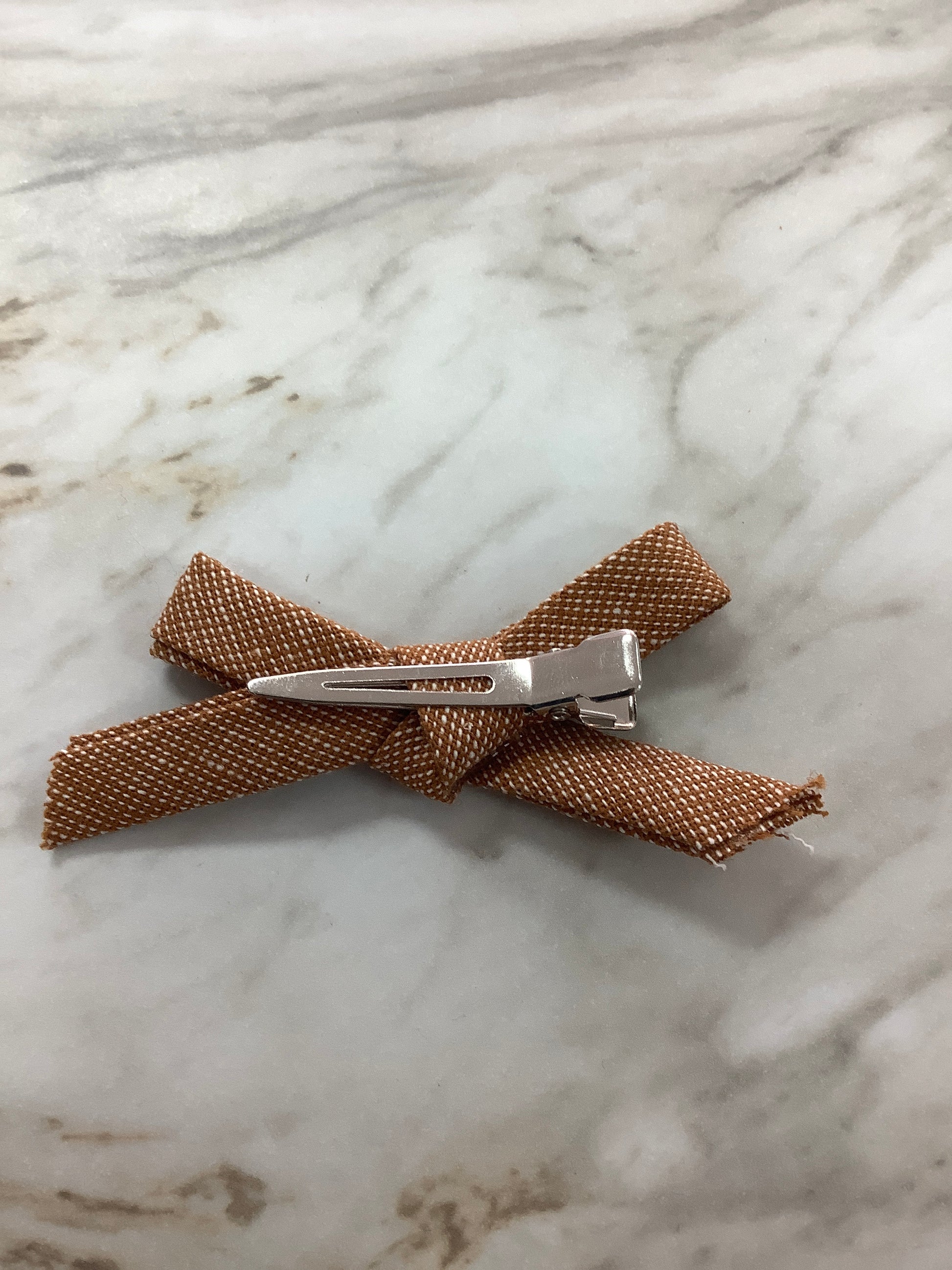 Hand Tied Bow on Clip in Mustard Tweed  - Doodlebug's Children's Boutique