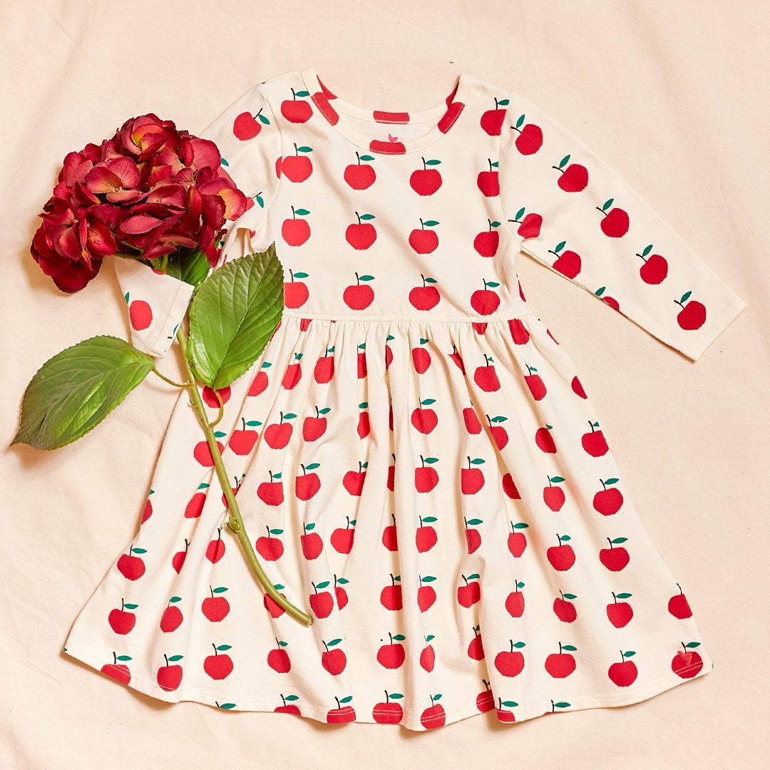 Organic Steph Dress in Antique White Apples  - Doodlebug's Children's Boutique