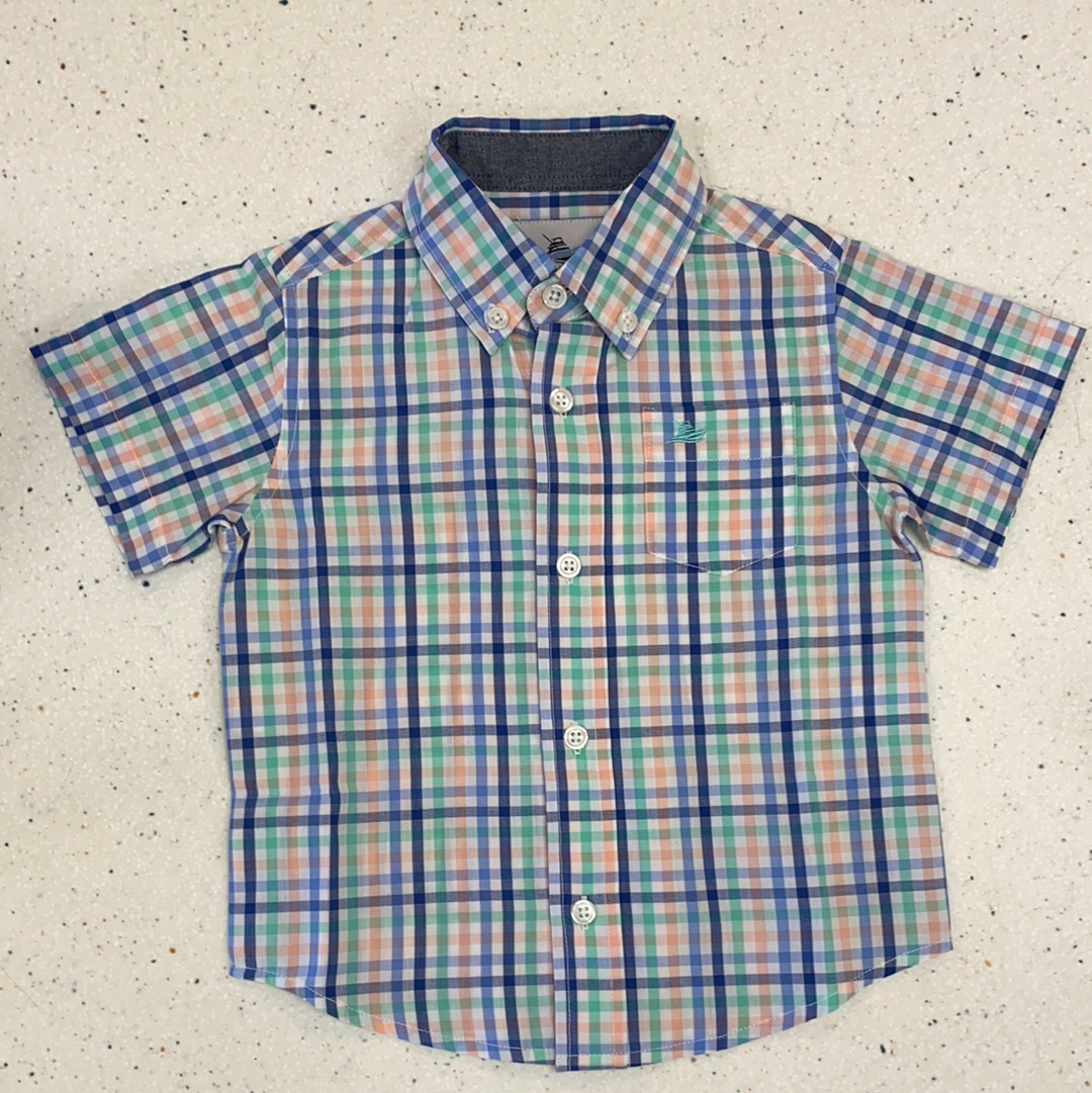 Short Sleeved Dress Shirt in Blue Multi  - Doodlebug's Children's Boutique