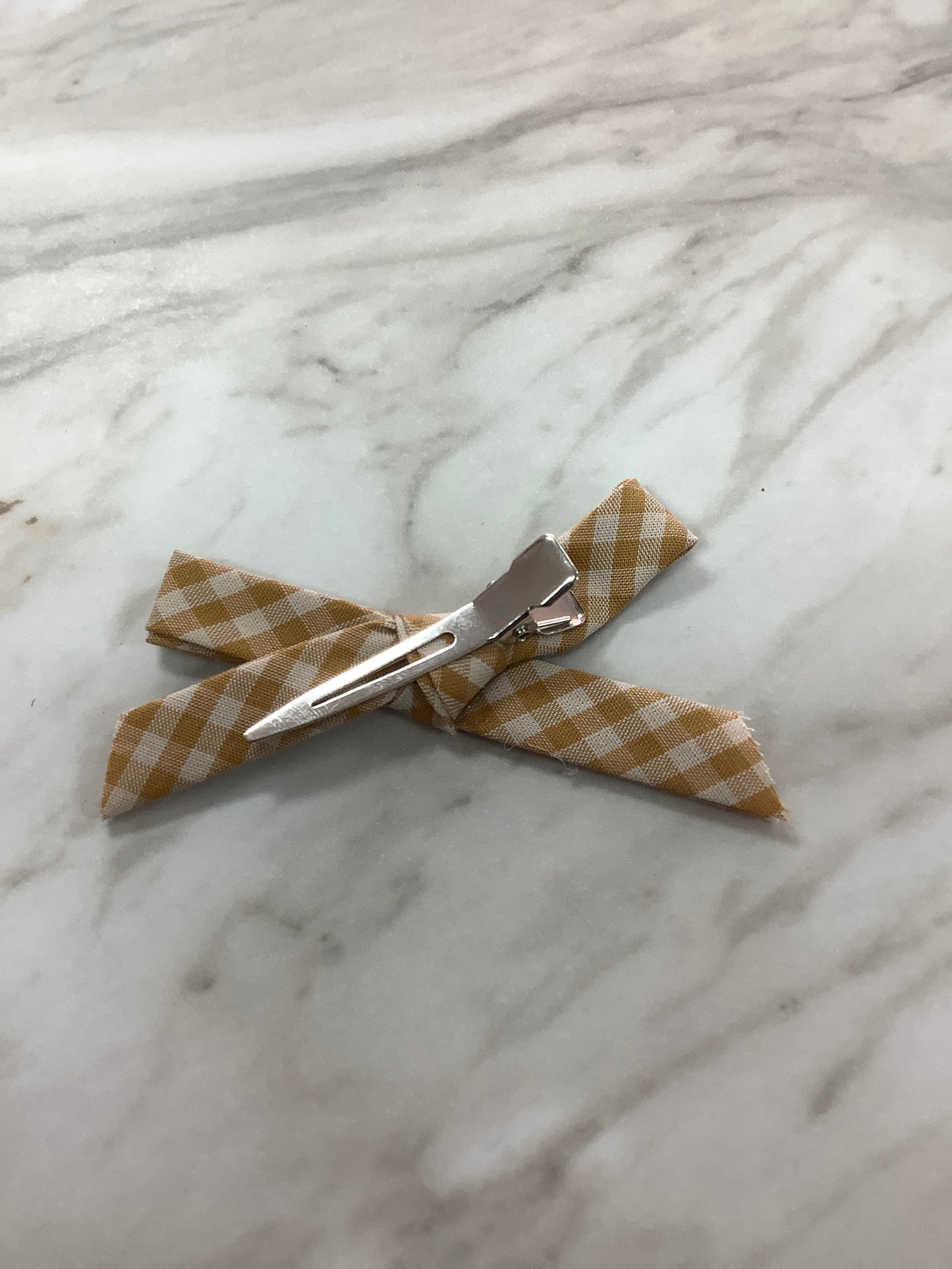 Hand Tied Bow on Clip in Mustard Gingham  - Doodlebug's Children's Boutique