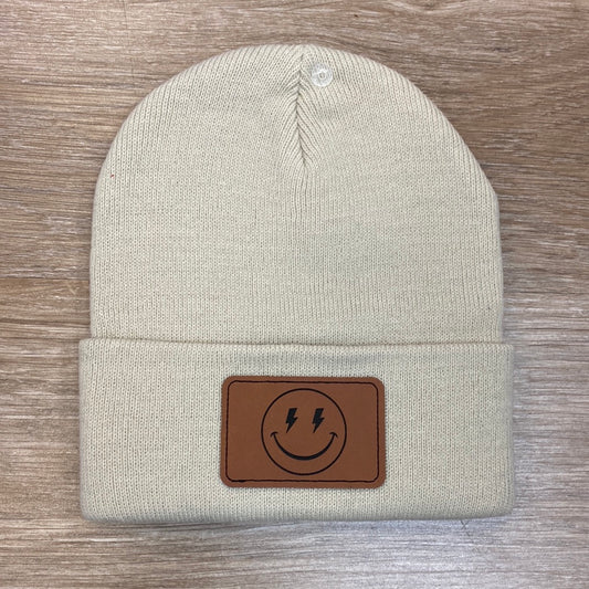 Smiley Beige Unisex Classic Ribbed Beanie  - Doodlebug's Children's Boutique