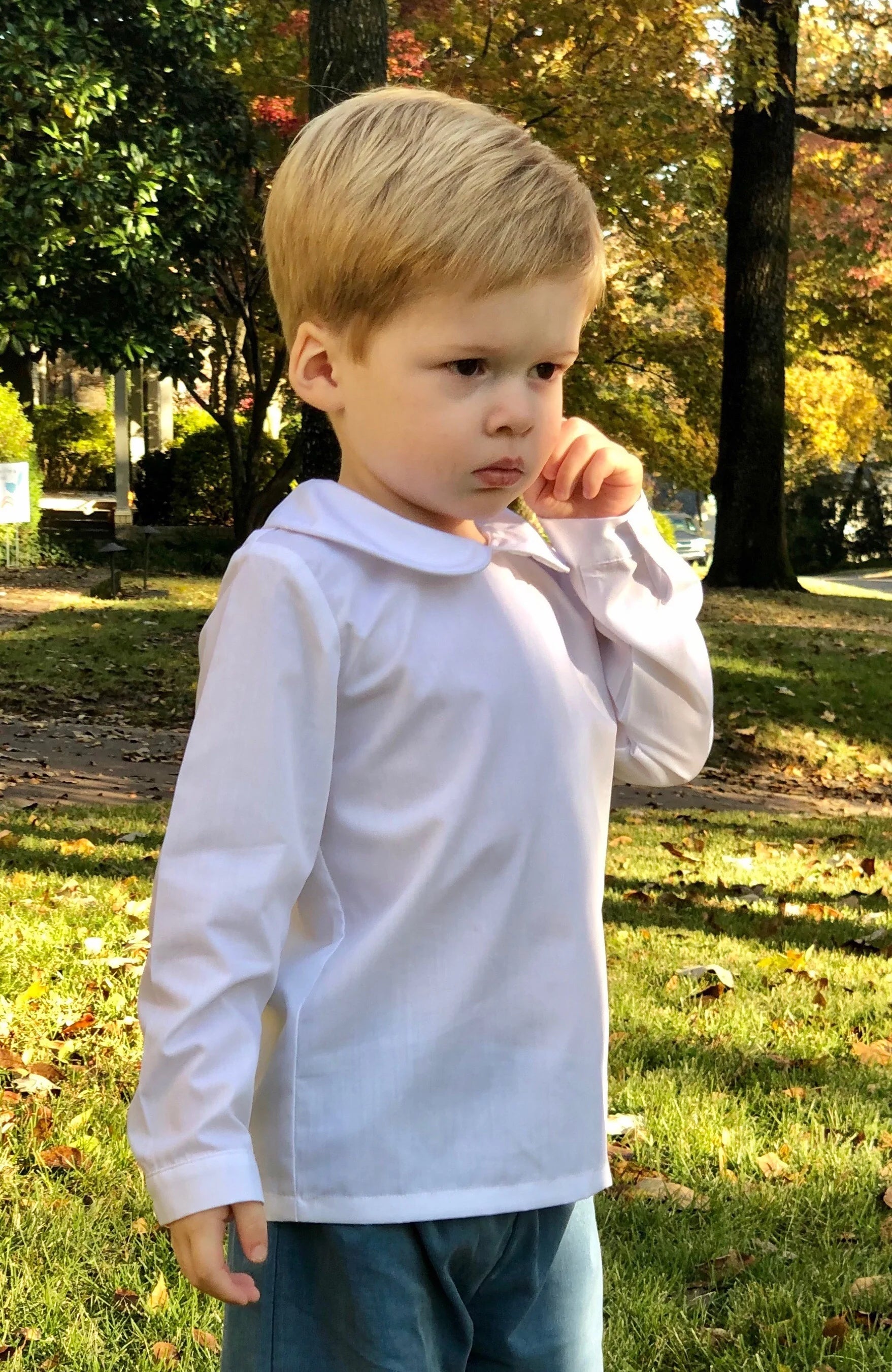 Long Sleeve Piped Peter Pan Collar Shirt in White  - Doodlebug's Children's Boutique