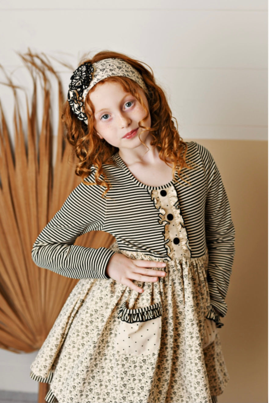 Black and Oat Pocket Dress with Stripe Legging Set  - Doodlebug's Children's Boutique