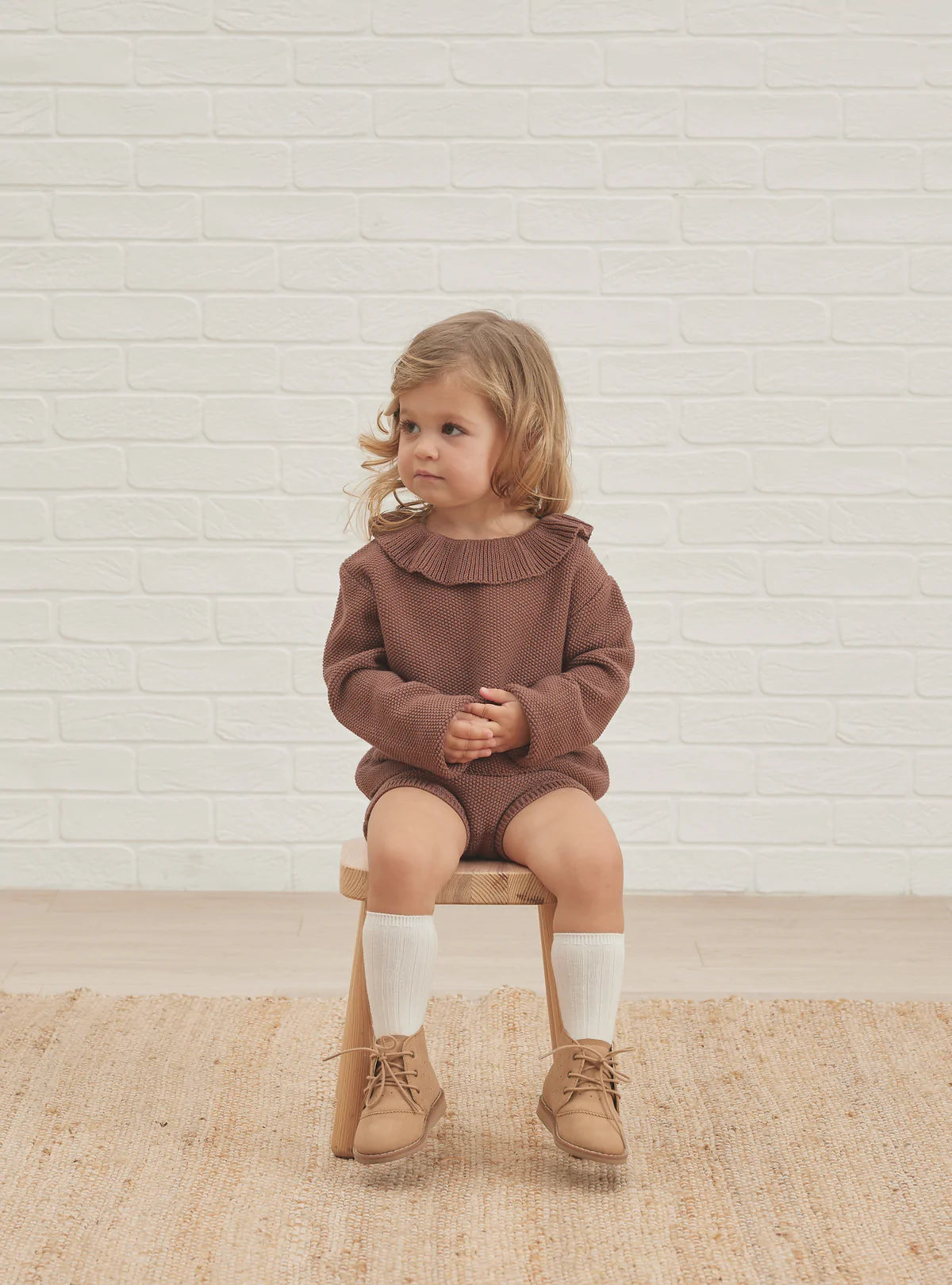 Ruffle Collar Knit Sweater in Pecan  - Doodlebug's Children's Boutique