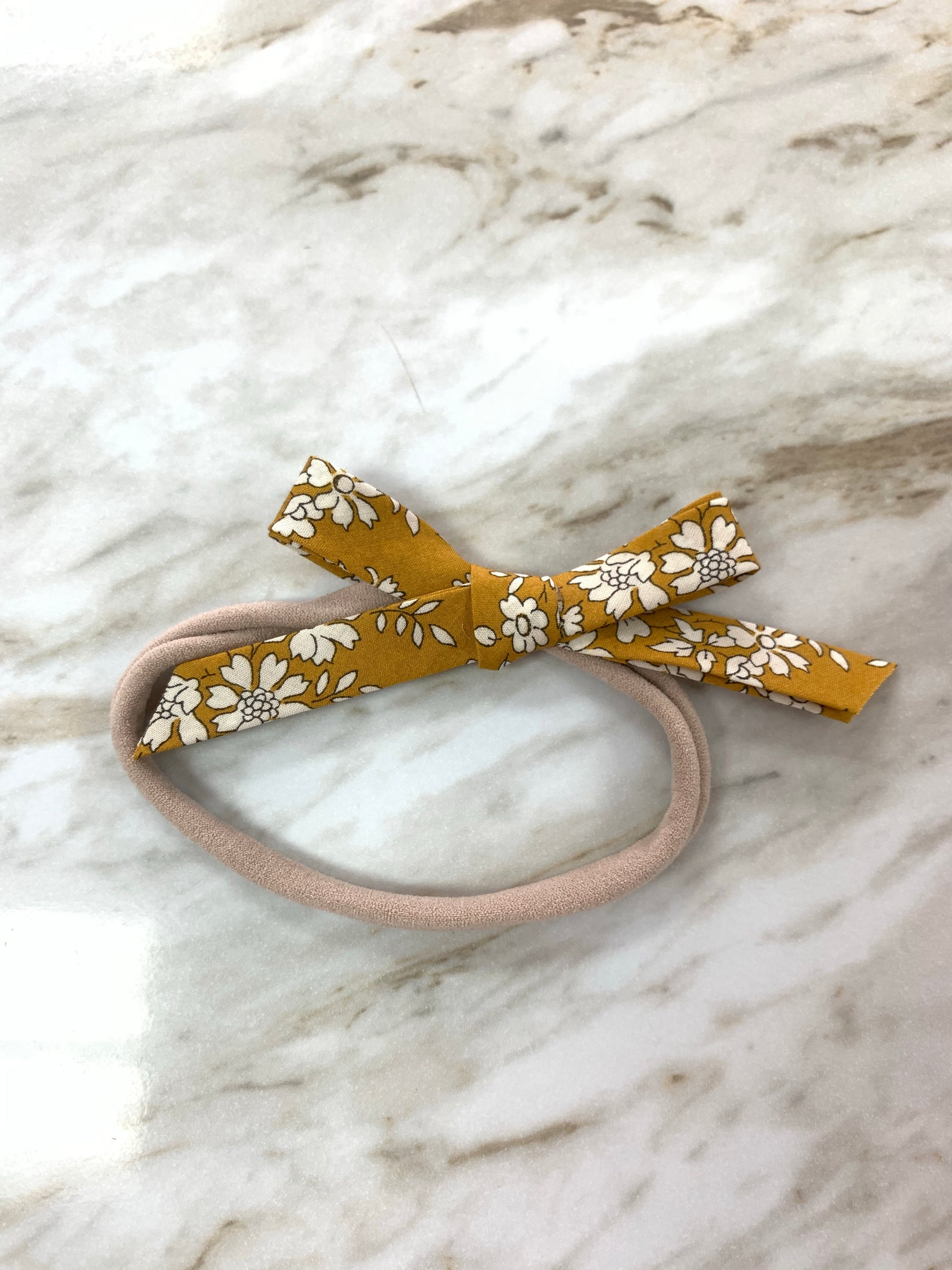 Hand Tied Bow on Nylon in Mustard Floral  - Doodlebug's Children's Boutique