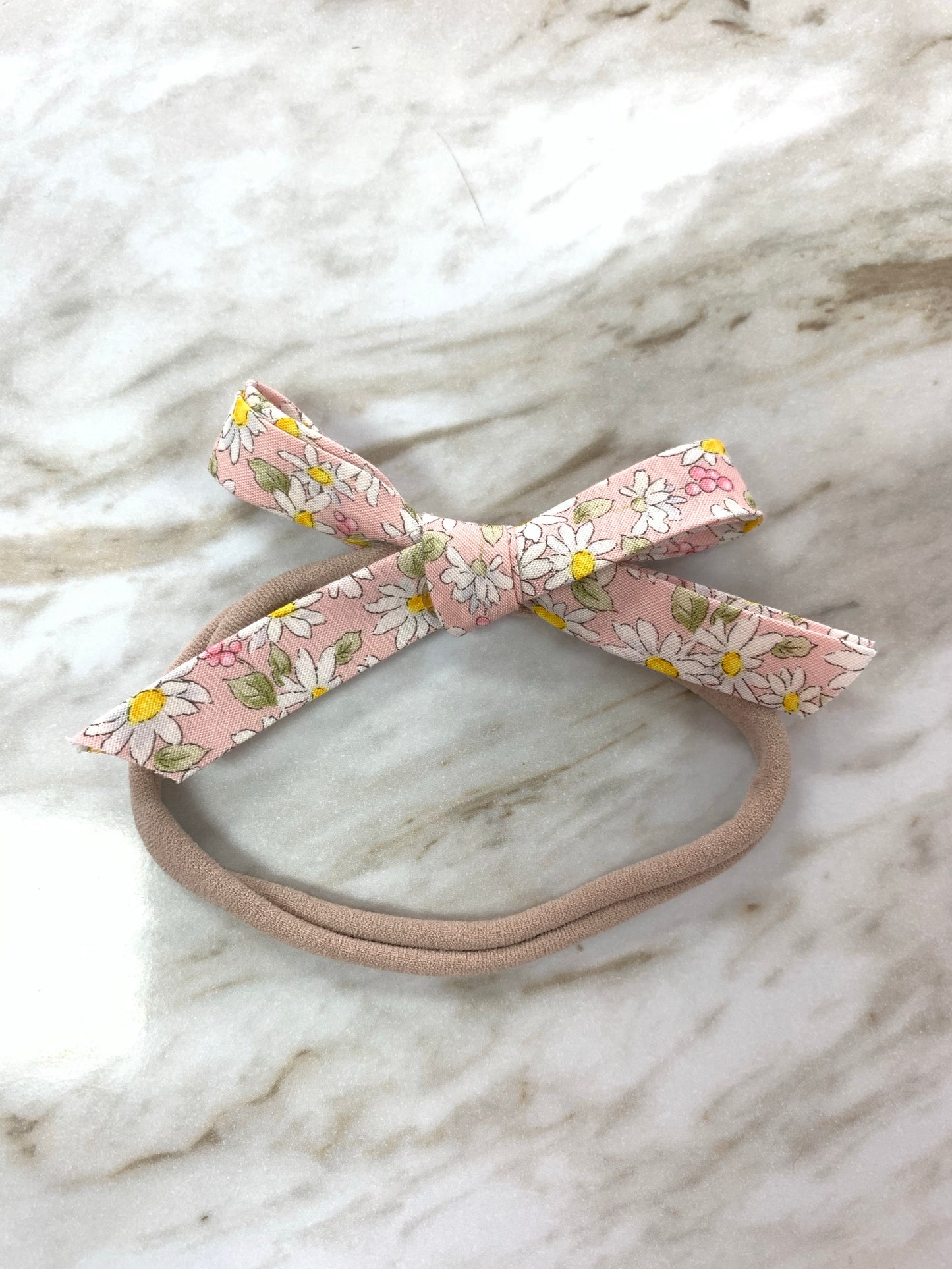 Hand Tied Bow on Nylon in Pink Daisies  - Doodlebug's Children's Boutique