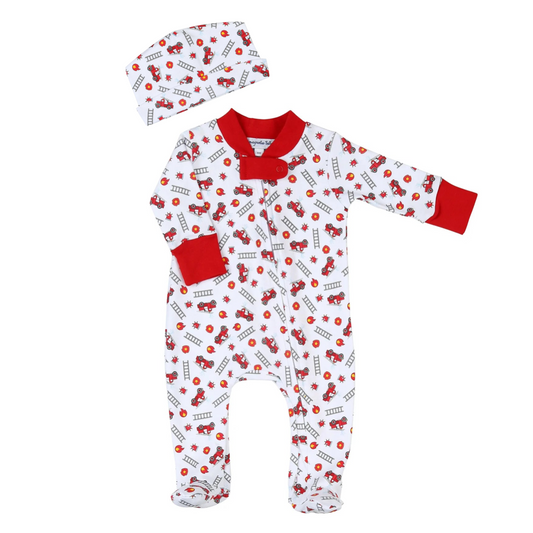 Sound the Alarm Printed Zipped Footie Newborn (includes hat) - Doodlebug's Children's Boutique