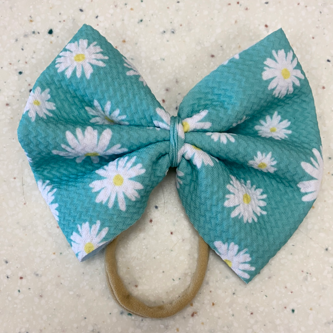 Teal Daisies Bow on Nylon  - Doodlebug's Children's Boutique