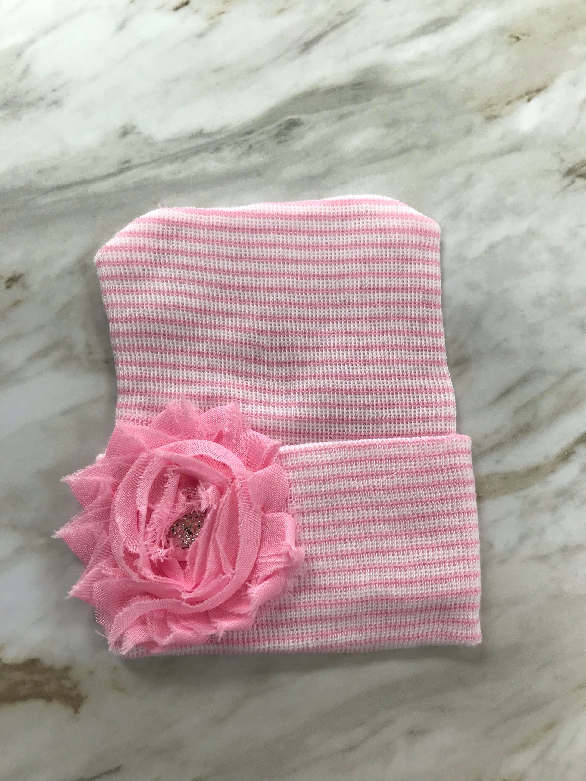 Pink Stripe Shabby Rose Cutie Newborn Hat Pink Stripe Shabby Rose - Doodlebug's Children's Boutique