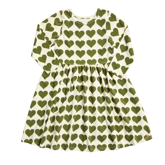 Organic Steph Dress in Capulet Olive Hearts  - Doodlebug's Children's Boutique