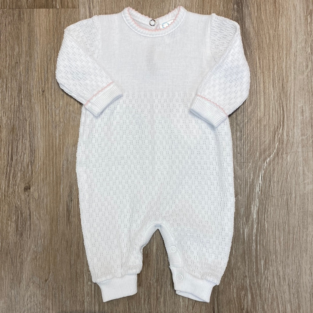 White Long Sleeve Romper with Pink Trim  - Doodlebug's Children's Boutique