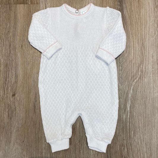 White Long Sleeve Romper with Pink Trim  - Doodlebug's Children's Boutique