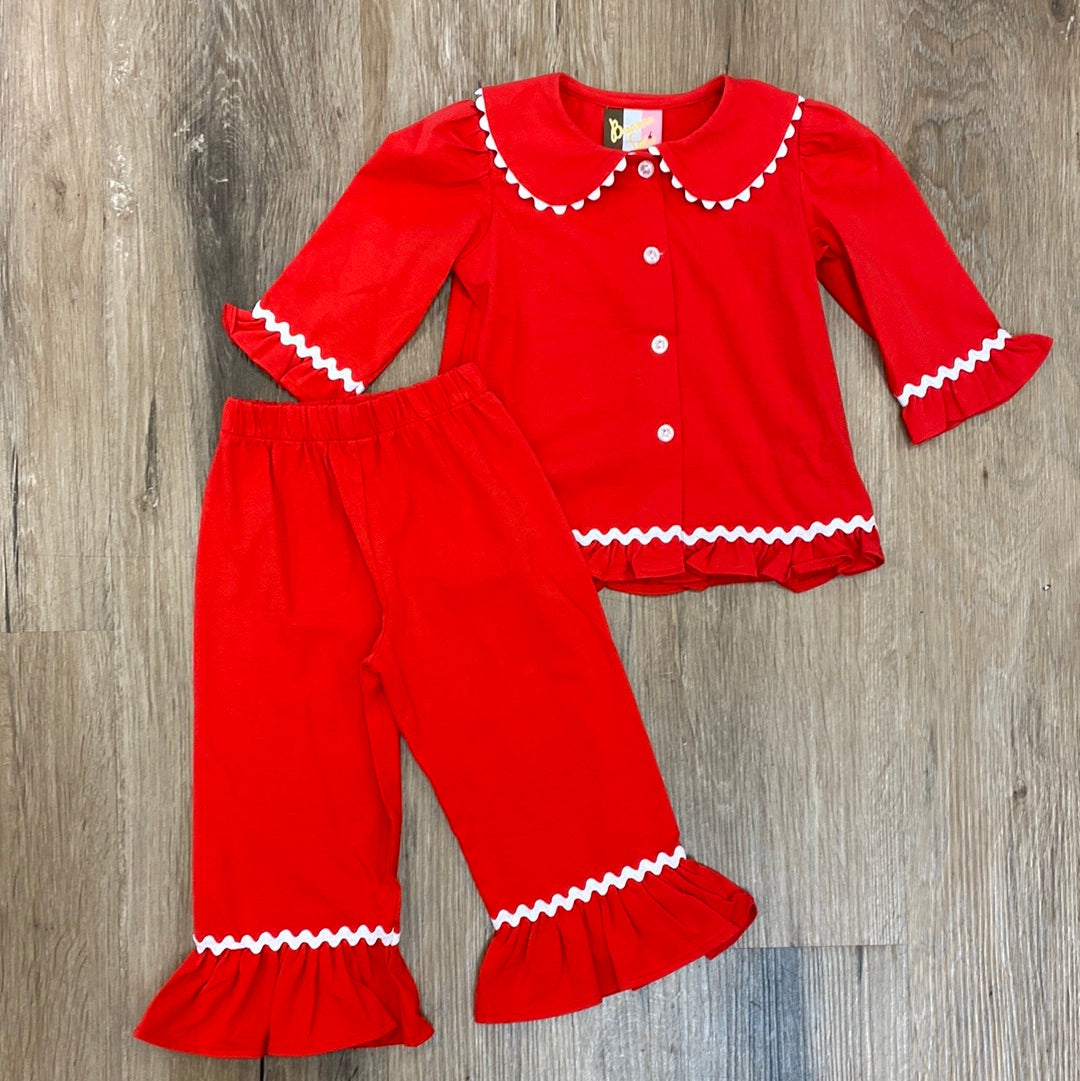 Red Ric Rac Ruffle 2 Piece Pajamas  - Doodlebug's Children's Boutique
