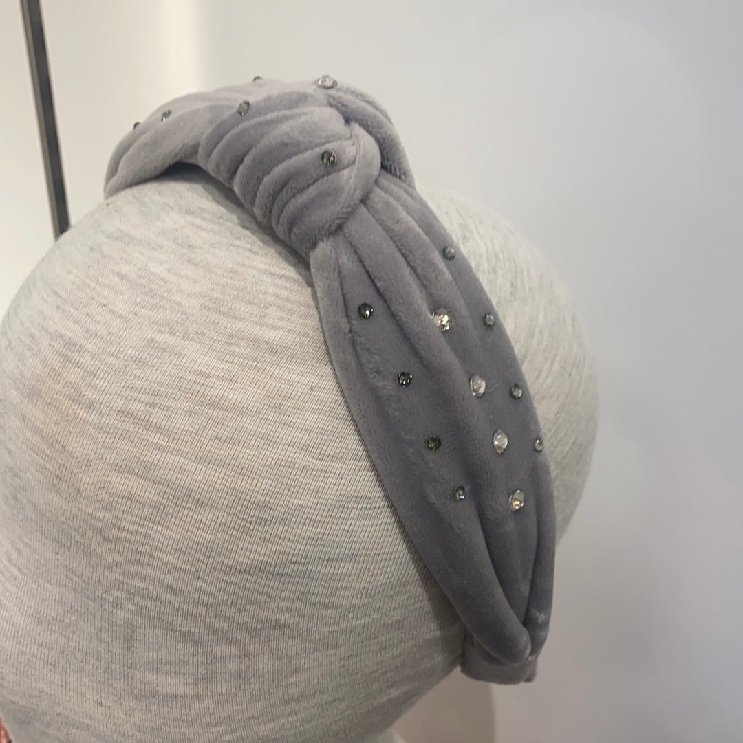 Grey Velvet Rhinestone Knot Headband  - Doodlebug's Children's Boutique