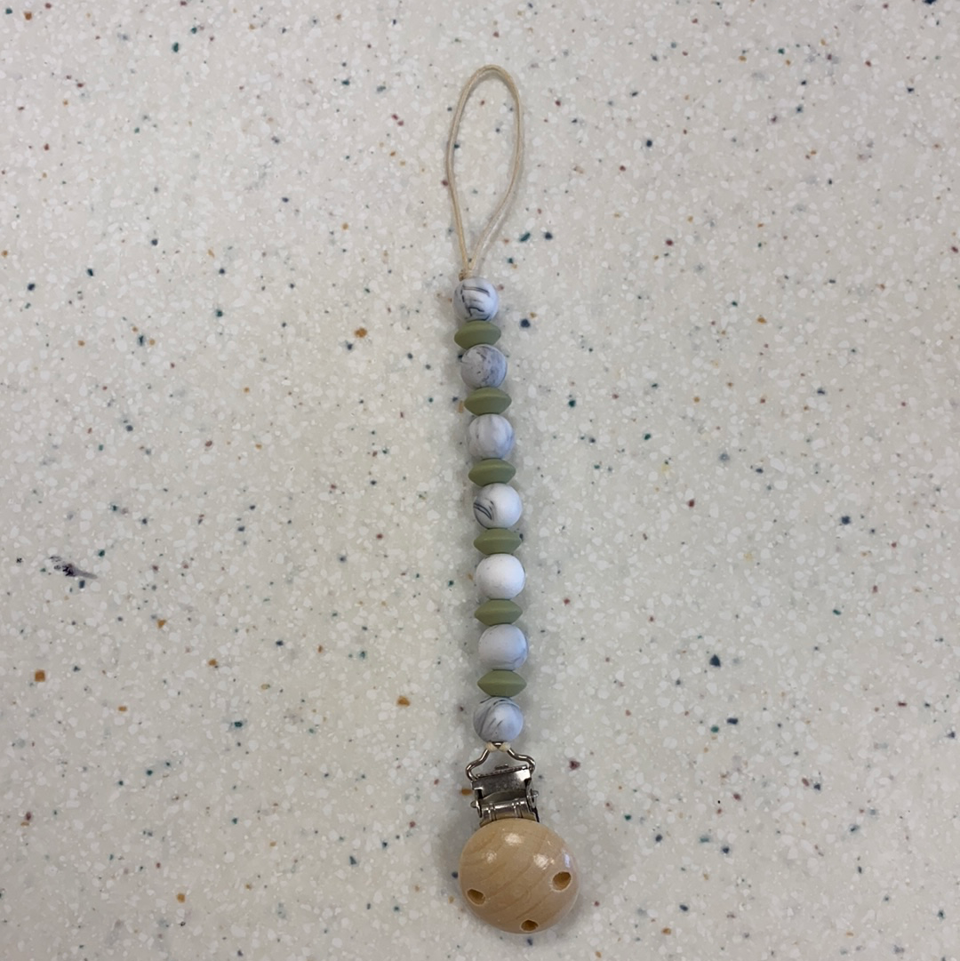 Teething Bead Paci Clip in Sage and Marble  - Doodlebug's Children's Boutique