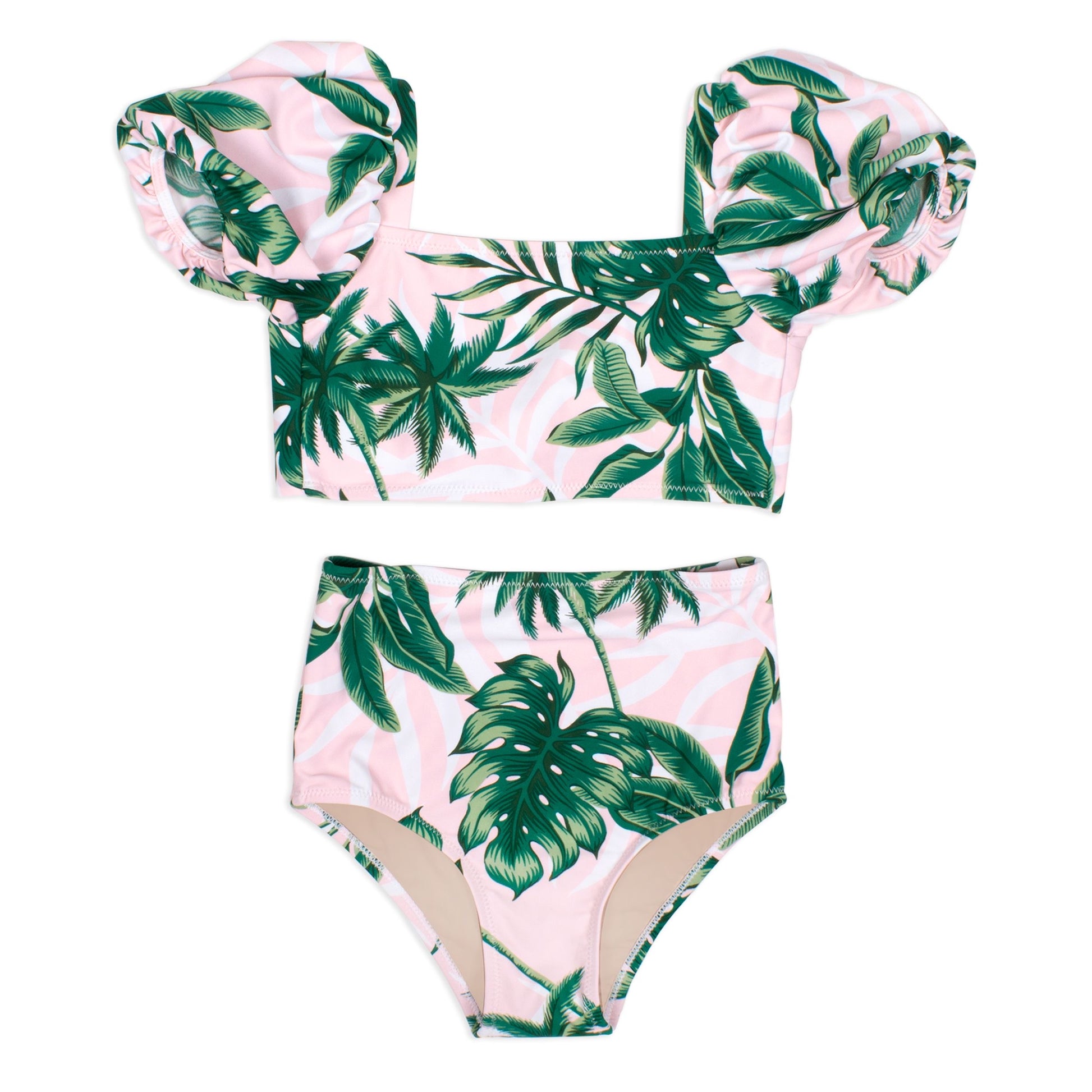 Pink Palm Puff Sleeve High Waist Bikini  - Doodlebug's Children's Boutique