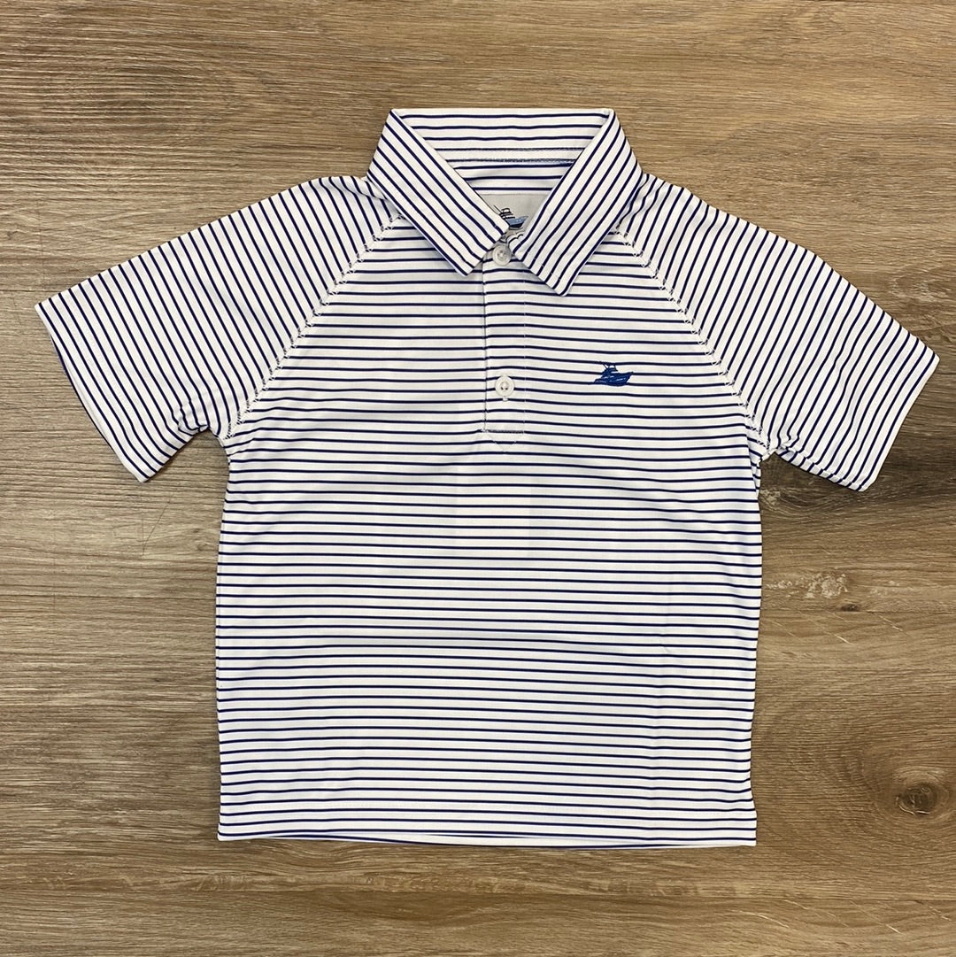 White and Navy Stripe Performance Polo  - Doodlebug's Children's Boutique