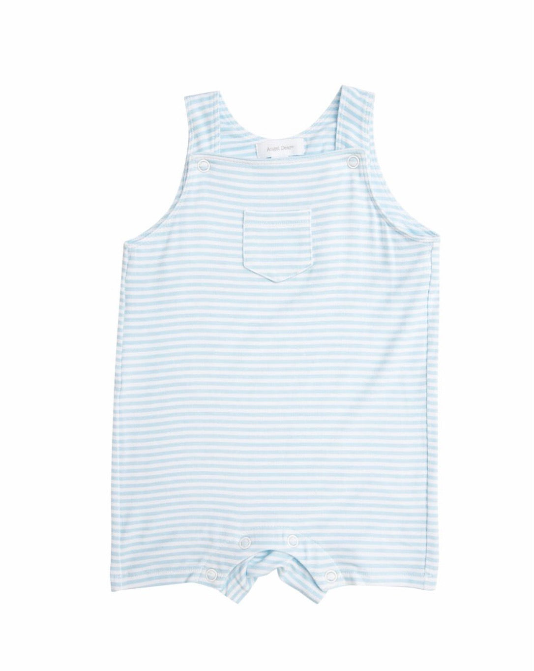 Overall Shortall in Blue Puppy Play Stripe  - Doodlebug's Children's Boutique