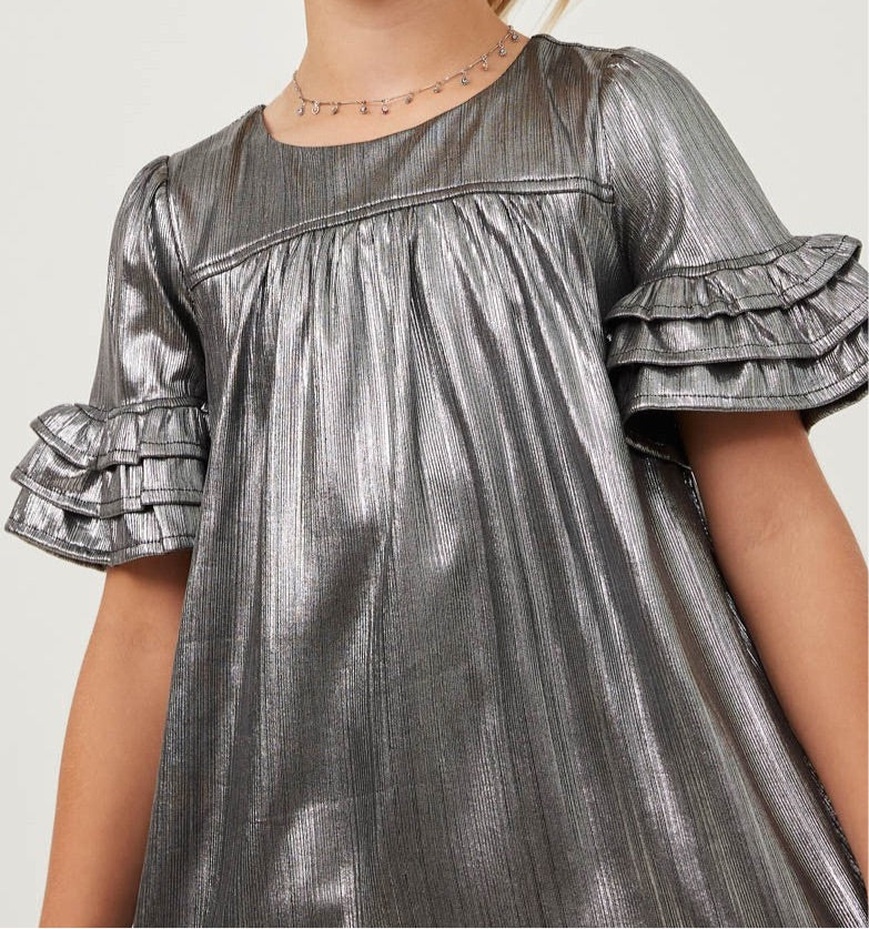 Textured Iridescent Layered Ruffle Sleeve Dress  - Doodlebug's Children's Boutique