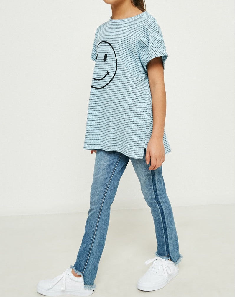 Waffle Knit Happy Face Top in Blue  - Doodlebug's Children's Boutique