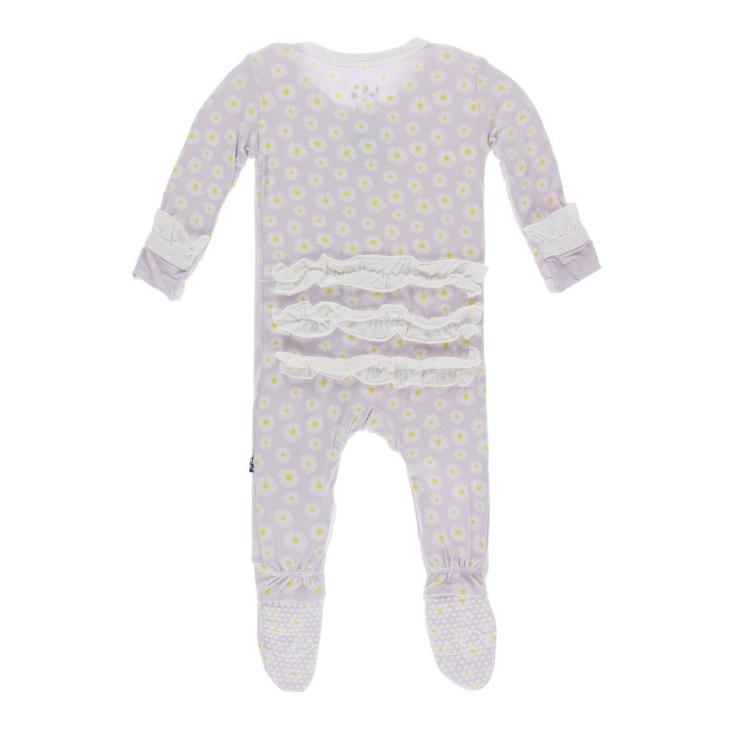 Print Muffin Ruffle Footie with Zipper in Thistle Chamomile  - Doodlebug's Children's Boutique