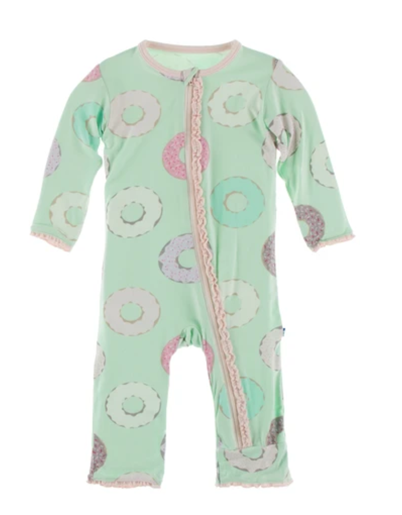 Print Muffin Ruffle Coverall with Zipper in Pistachio Donuts  - Doodlebug's Children's Boutique