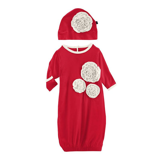 Dahlia Flower Layette Gown and Hat Set in Crimson with Natural  - Doodlebug's Children's Boutique