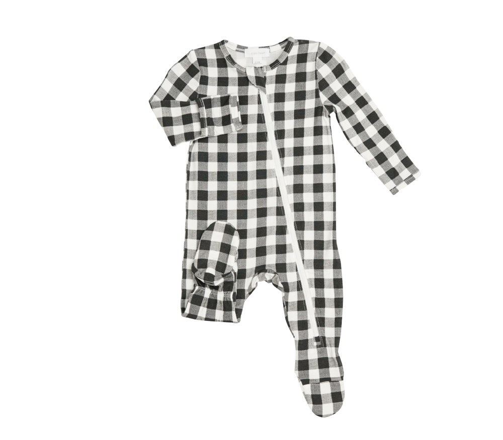 Zipper Footie in Black and White Gingham  - Doodlebug's Children's Boutique