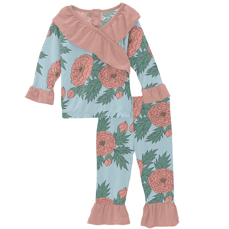Print Long Sleeve Kimono Double Ruffle Outfit Set in Spring Sky Floral  - Doodlebug's Children's Boutique