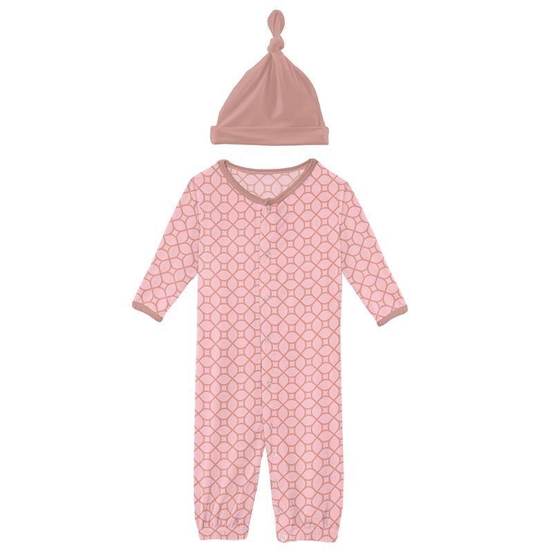 Print Ruffle Layette Gown Converter and Knot Hat Set in Blush Spring Lattice  - Doodlebug's Children's Boutique