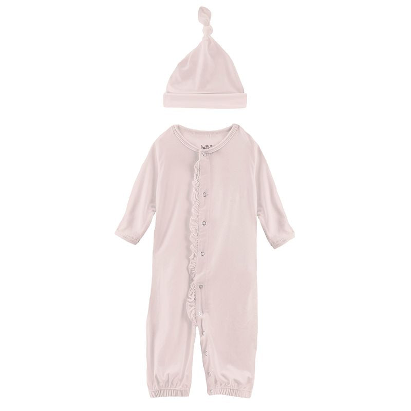 Ruffle Layette Gown Converter and Knot Hat Set in Macaroon  - Doodlebug's Children's Boutique