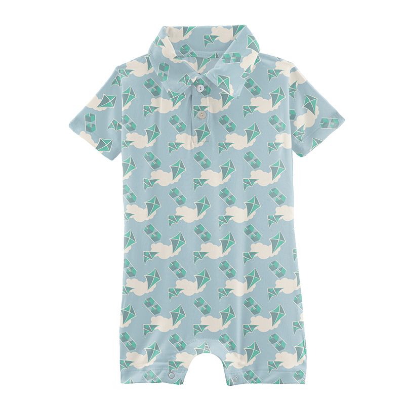 Print Short Sleeve Polo Romper in Windy Day Kites  - Doodlebug's Children's Boutique