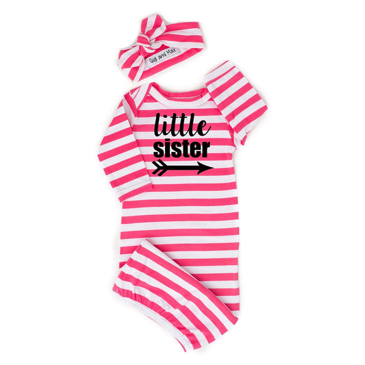 Little Sister Pink Stripe Gown and Headband  - Doodlebug's Children's Boutique