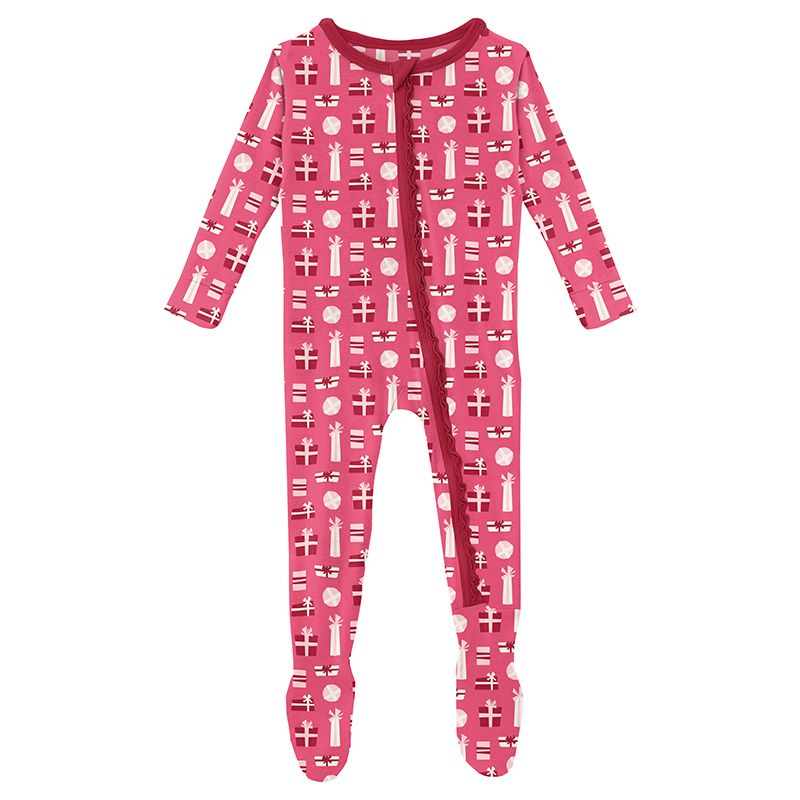 Print Muffin Ruffle Footie with Zipper in Winter Rose Presents  - Doodlebug's Children's Boutique