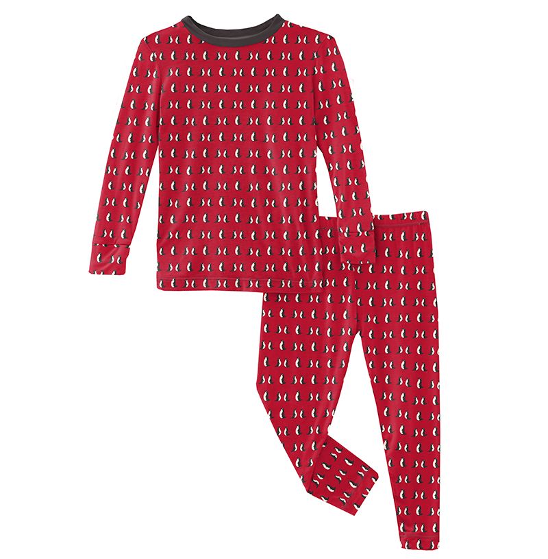 Print Long Sleeve Pajama Set in Crimson Penguin  - Doodlebug's Children's Boutique
