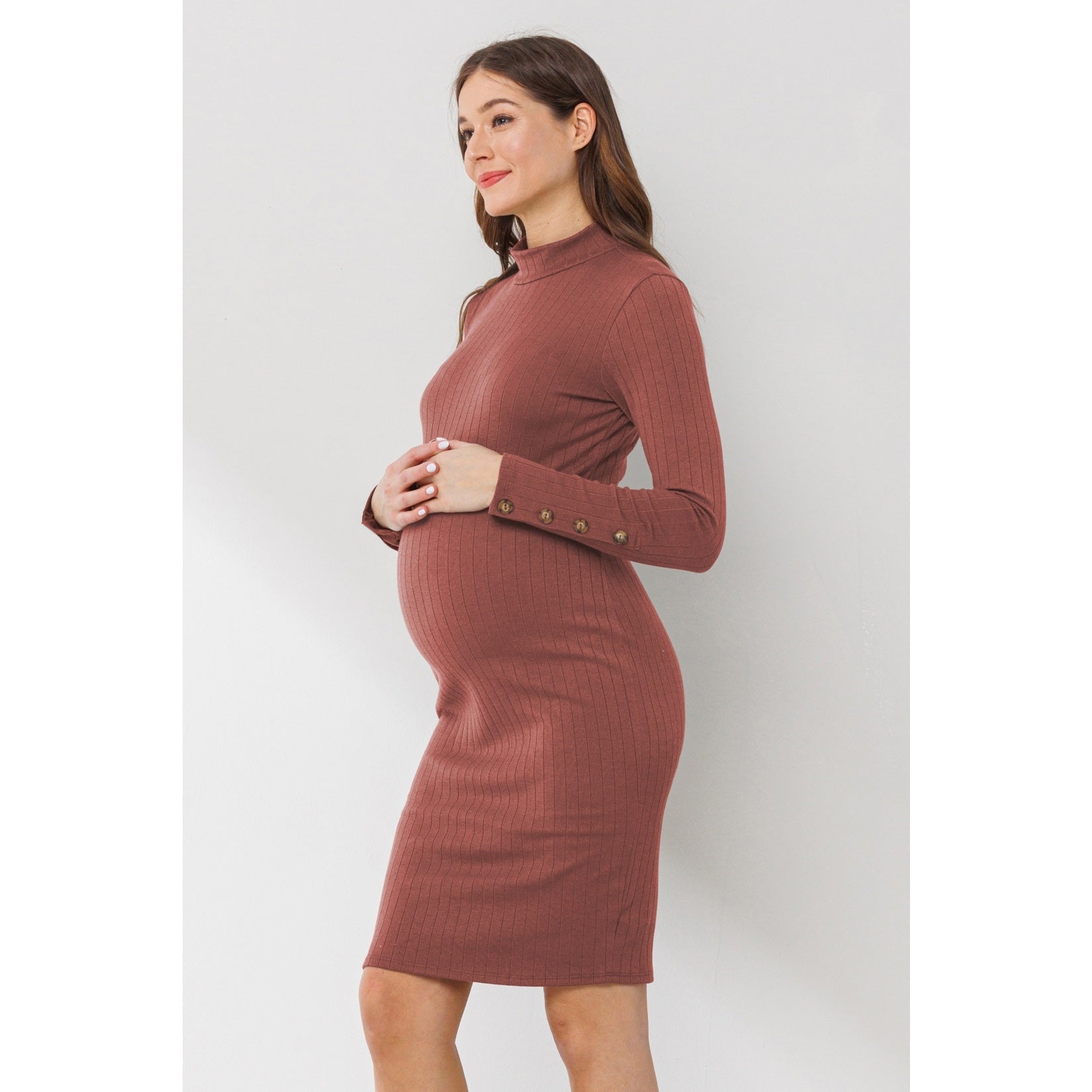 Ribbed Mock Neck Button Sleeve Maternity Dress in Rust  - Doodlebug's Children's Boutique