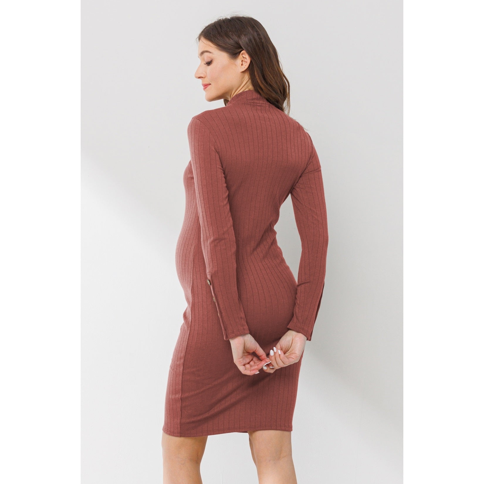 Ribbed Mock Neck Button Sleeve Maternity Dress in Rust  - Doodlebug's Children's Boutique
