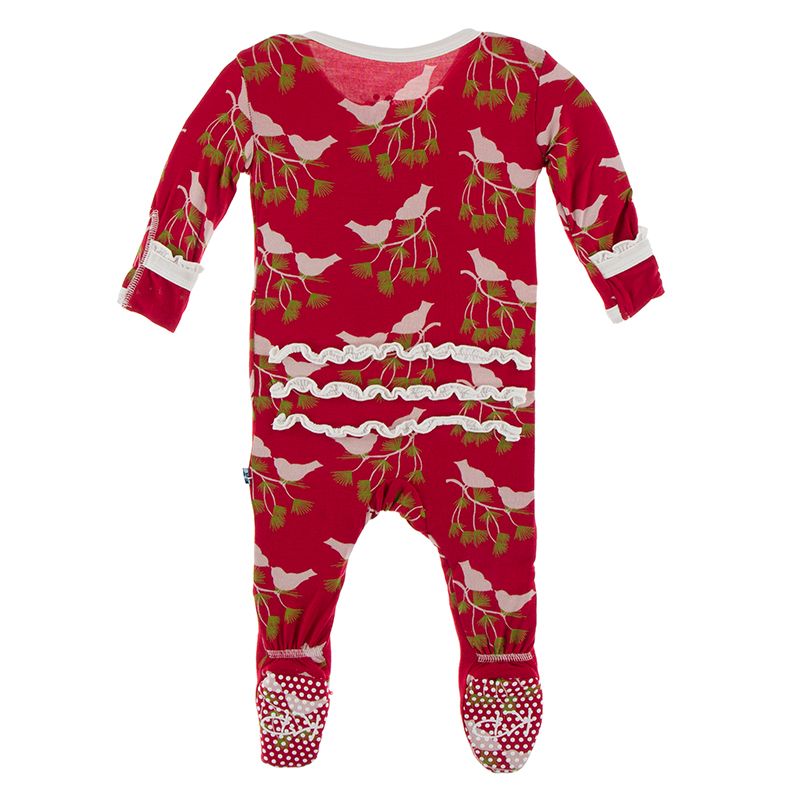 Print Muffin Ruffle Footie with Zipper in Crimson Kissing Birds  - Doodlebug's Children's Boutique
