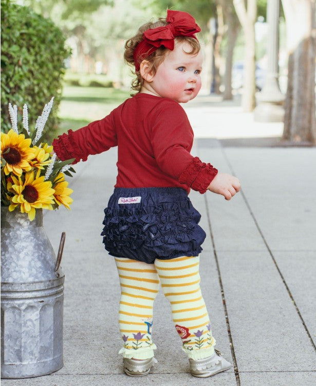 Footless Ruffle Tights in Golden Yellow Stripe Floral  - Doodlebug's Children's Boutique