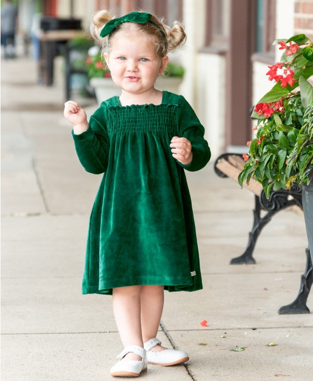 Evergreen Velour Smocked Dress  - Doodlebug's Children's Boutique