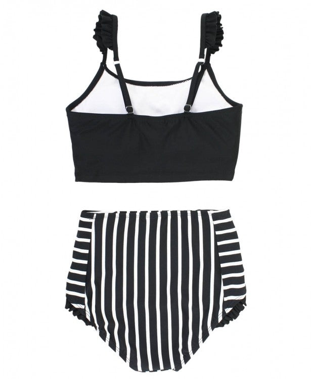 Black & White Stripe Flutter High Waisted Bikini  - Doodlebug's Children's Boutique