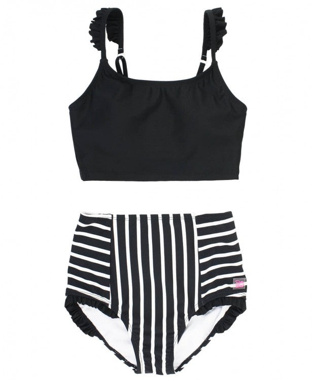 Black & White Stripe Flutter High Waisted Bikini  - Doodlebug's Children's Boutique