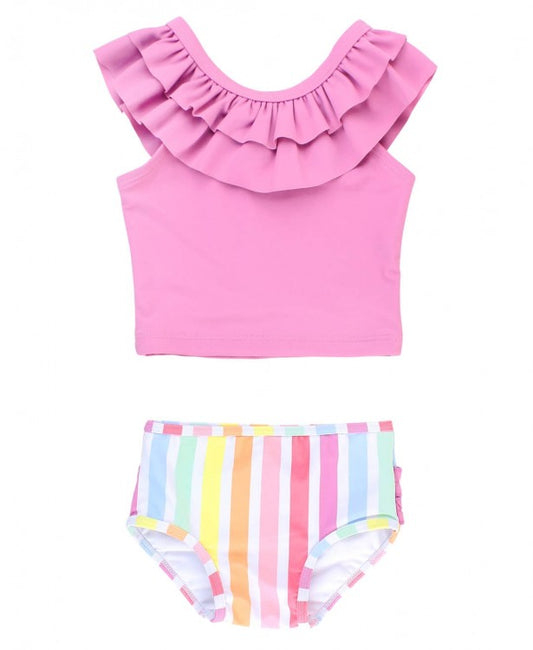 Rainbow Dream Stripe Orchid Ruffle Tankini  - Doodlebug's Children's Boutique