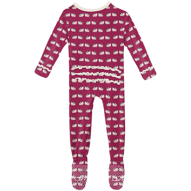 Print Muffin Ruffle Footie with Zipper in Berry Cow  - Doodlebug's Children's Boutique