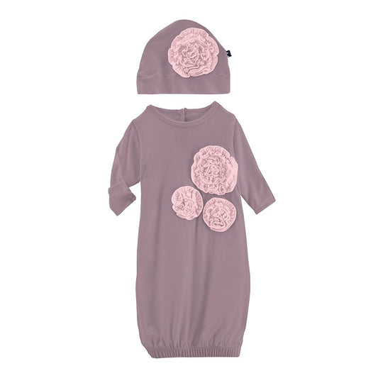 Dahlia Flower Layette Gown and Hat Set in Elderberry with Lotus  - Doodlebug's Children's Boutique