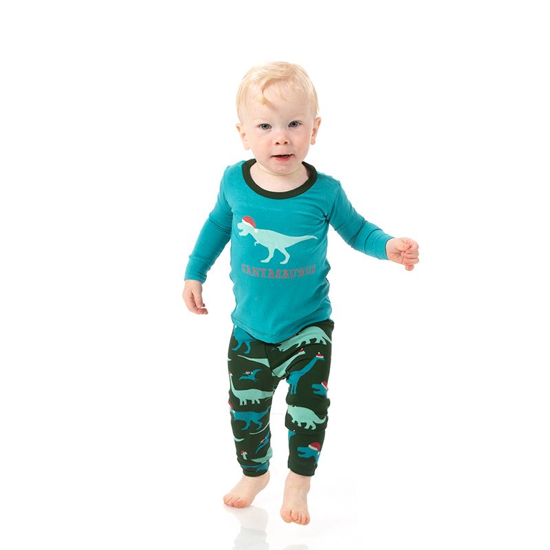Long Sleeve Graphic Tee Pajama Set in Santa Dinos  - Doodlebug's Children's Boutique