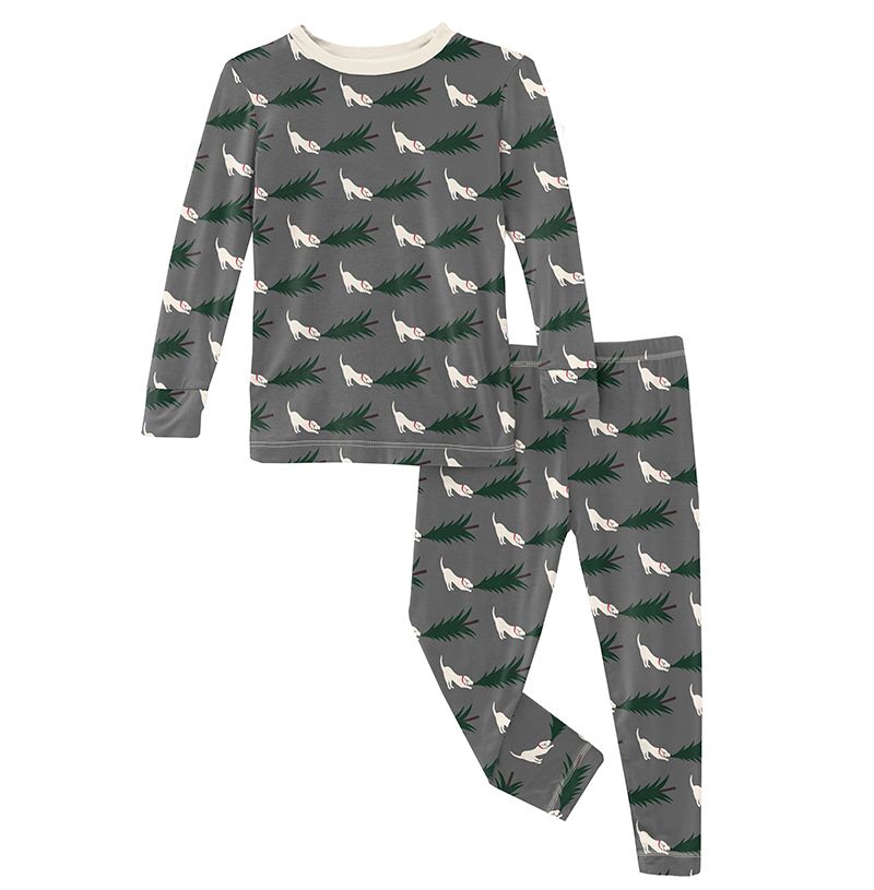 Print Long Sleeve Pajama Set in Pewter Christmas Tree Drag  - Doodlebug's Children's Boutique